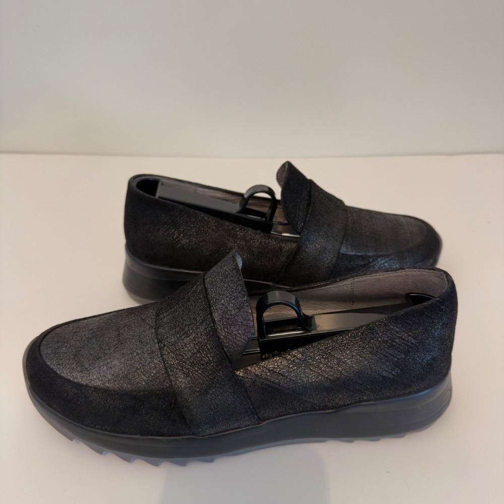 Eileen Fisher Womens Black Crackled Metallic Leather Platform Slip On Loafers